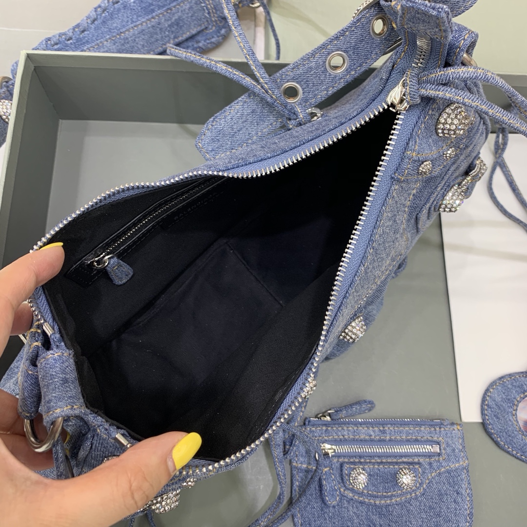 Balenciaga Le Cagole Small Shoulder Bag in Denim With Rhinestones